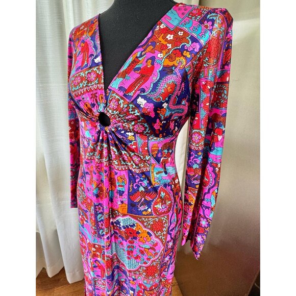 Vintage 70s dress, magenta, fuchsia, turquoise, orange, red novelty print, funky - Picture 2 of 10